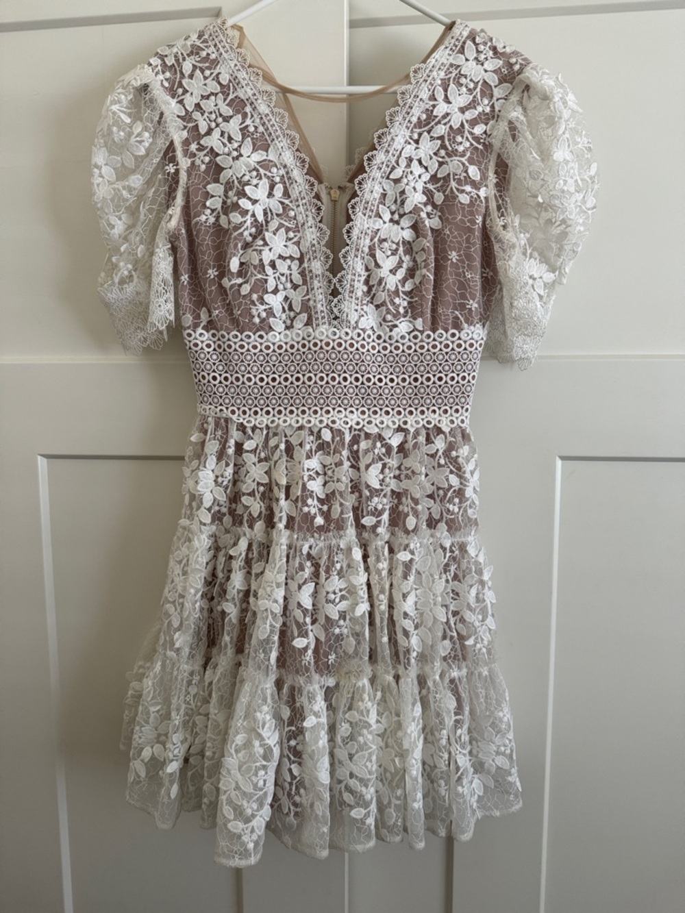 Bronx and Banco White Lace Overlay Mini Dress with Nude Lining